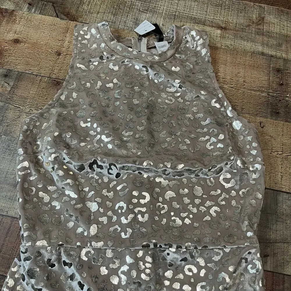 K TOO NEW Wmns Gold Velvet Metallic Cheetah Print Bodycon Dress Sz L Date Night